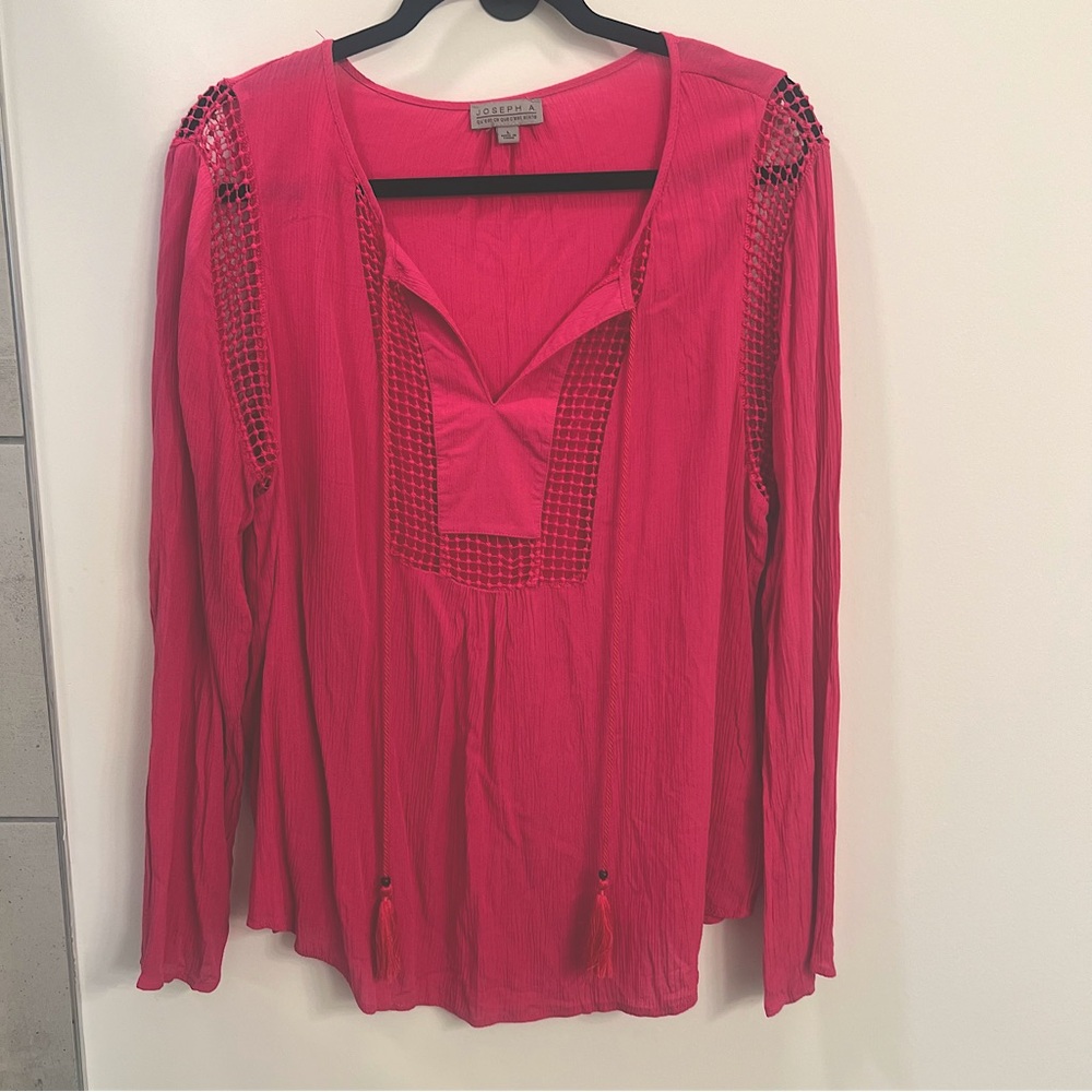 Joseph A. Vibrant Fuchsia Boho Peasant Top w/ Crochet Detail, Lightweight Sz L
